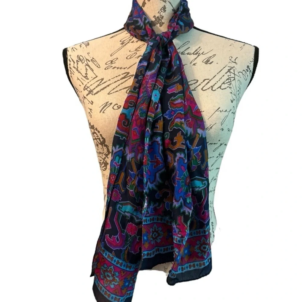 Scarf, geometric print in rich colors, oblong, silky feel. Vintage.